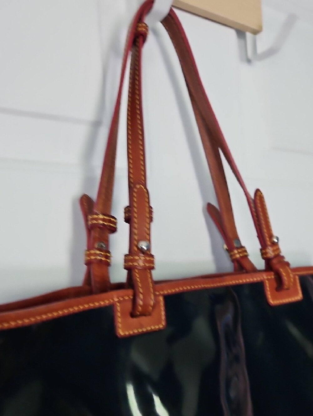 Dooney & Bourke Black Patent Tote with Brown Trim and Handles - Picture 6 of 8